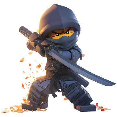 چاپ طرح DTF نینجای لگویی با شمشیر کاتانا | شخصیت رزمی با استایل ژاپنی (LEGO Ninja Warrior) برای تیشرت و لباس بچه‌گانه