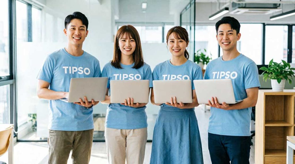 تیم فروش با تیشرت تبلیغاتی آبی یکسان و لوگوی TIPSO در دفتر