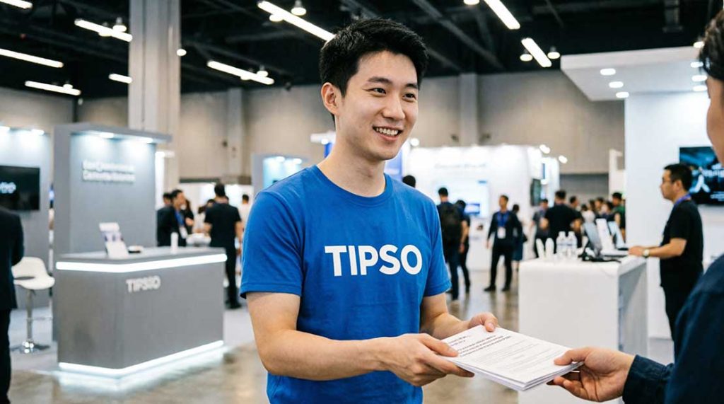 تیشرت تبلیغاتی آبی با لوگوی TIPSO در نمایشگاه تجاری