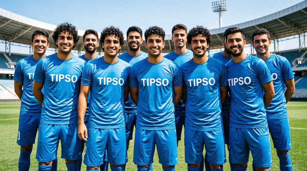 تیم فوتبال ایرانی با تیشرت ورزشی آبی یکسان و لوگوی TIPSO در استادیوم