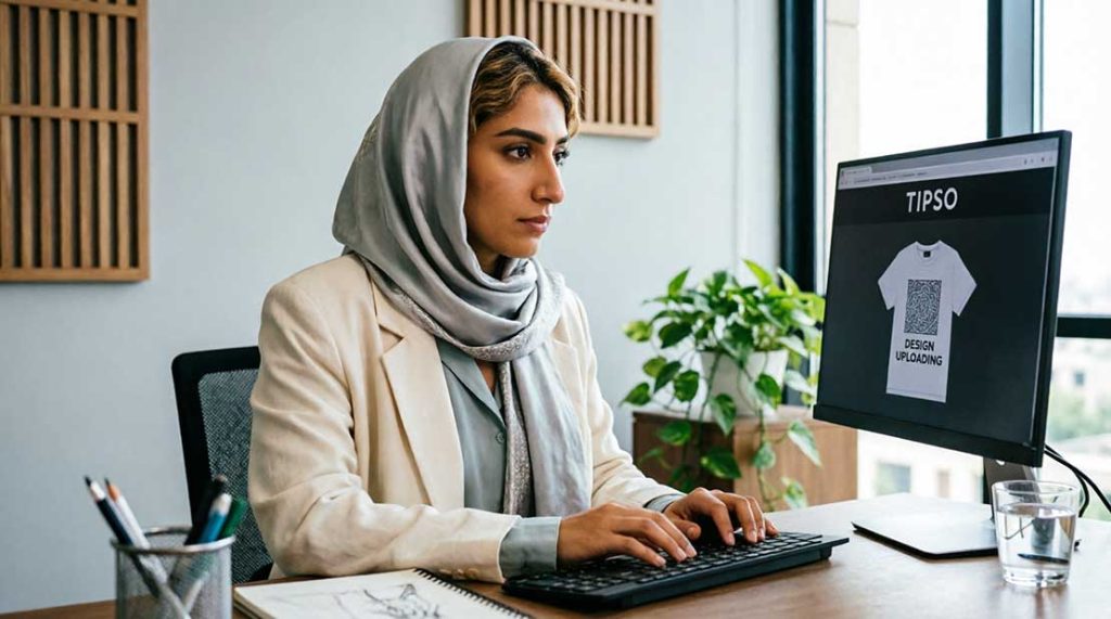 خانم ایرانی با حجاب در حال آپلود طرح برای سفارش چاپ روی تیشرت در سایت TIPSO