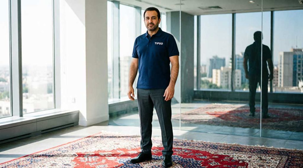 مدیر ایرانی با پولوشرت سرمه‌ای و لوگوی TIPSO در دفتر مدرن تهران