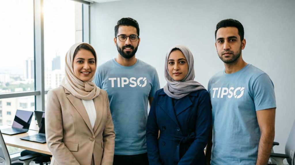 تیم شرکتی ایرانی با تیشرت آبی یکسان و لوگوی TIPSO در محیط اداری
