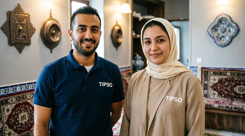 تیم رستوران ایرانی با لباس فرم یکسان TIPSO، خانم با مانتو و مقنعه رسمی