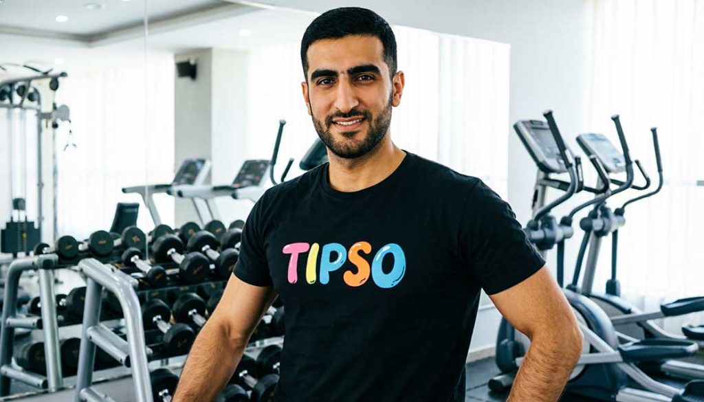 مربی بدنسازی ایرانی با تیشرت مشکی و لوگوی رنگی TIPSO در باشگاه ورزشی تهران
