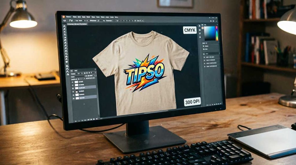نمایش طرح لوگوی TIPSO در نرمافزار فتوشاپ با تنظیمات صحیح CMYK و رزولوشن ۰۰ DPI برای چاپ تیشرت